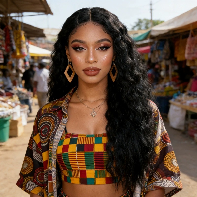 Women's wig with center parting, small curls, European and American style long hair wig