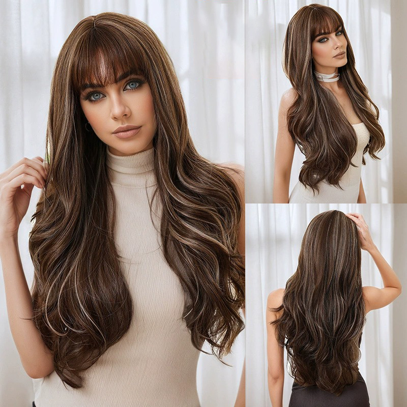 Long, wavy, highlighted black-brown wig