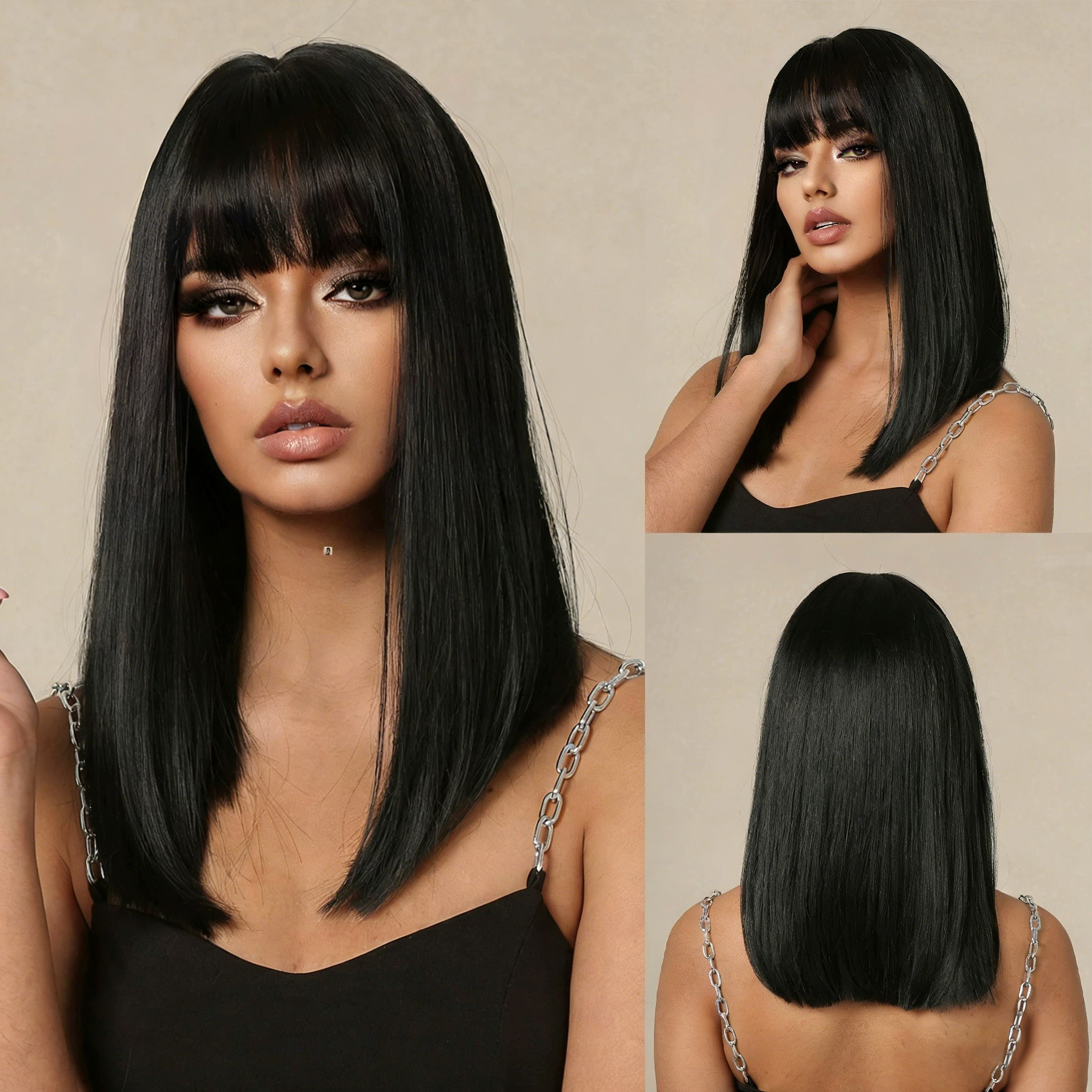 Medium-length straight hair with air bangs, black European and American style wig for women