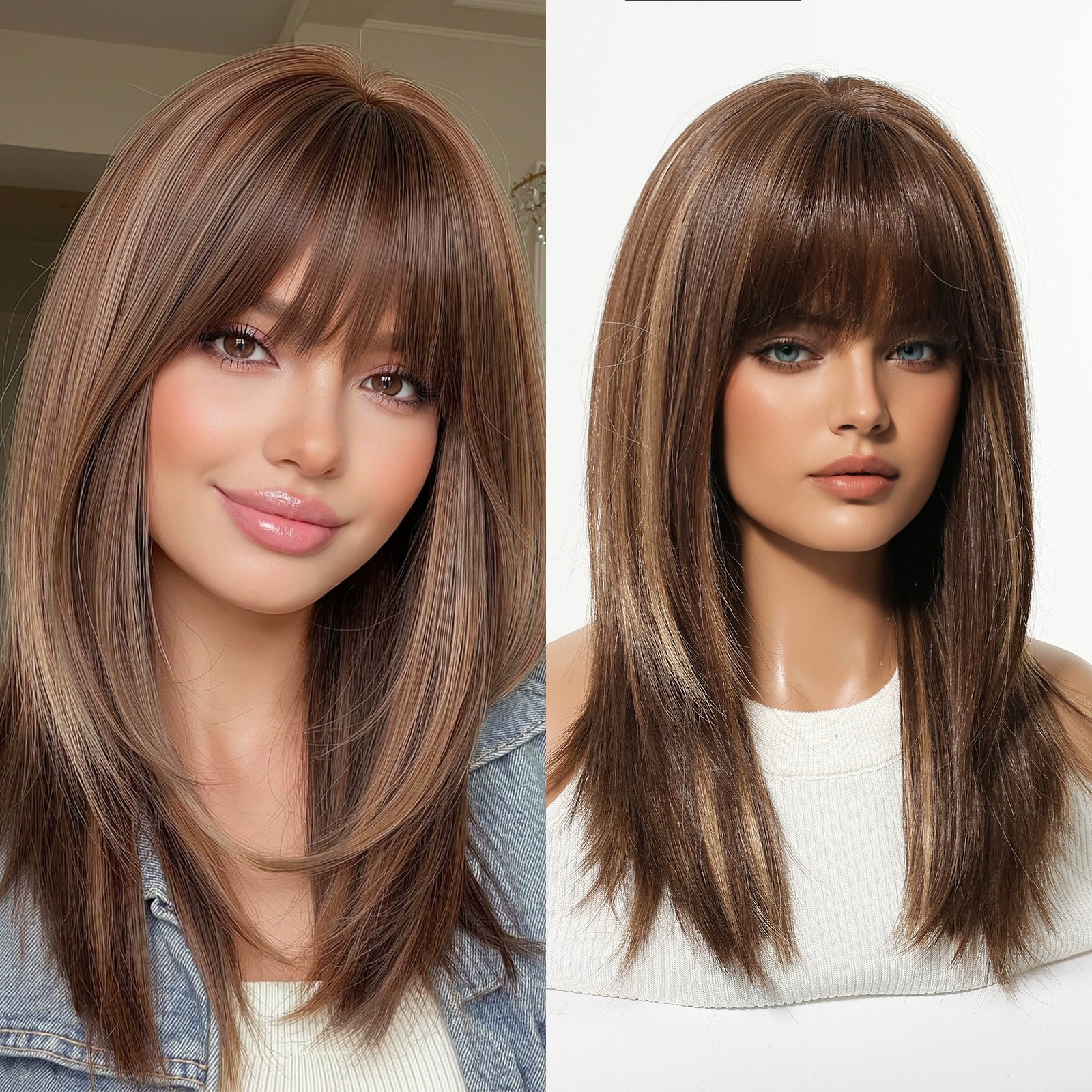 European and American style women's summer natural full head wig, medium-length straight hair with fashionable air bangs
