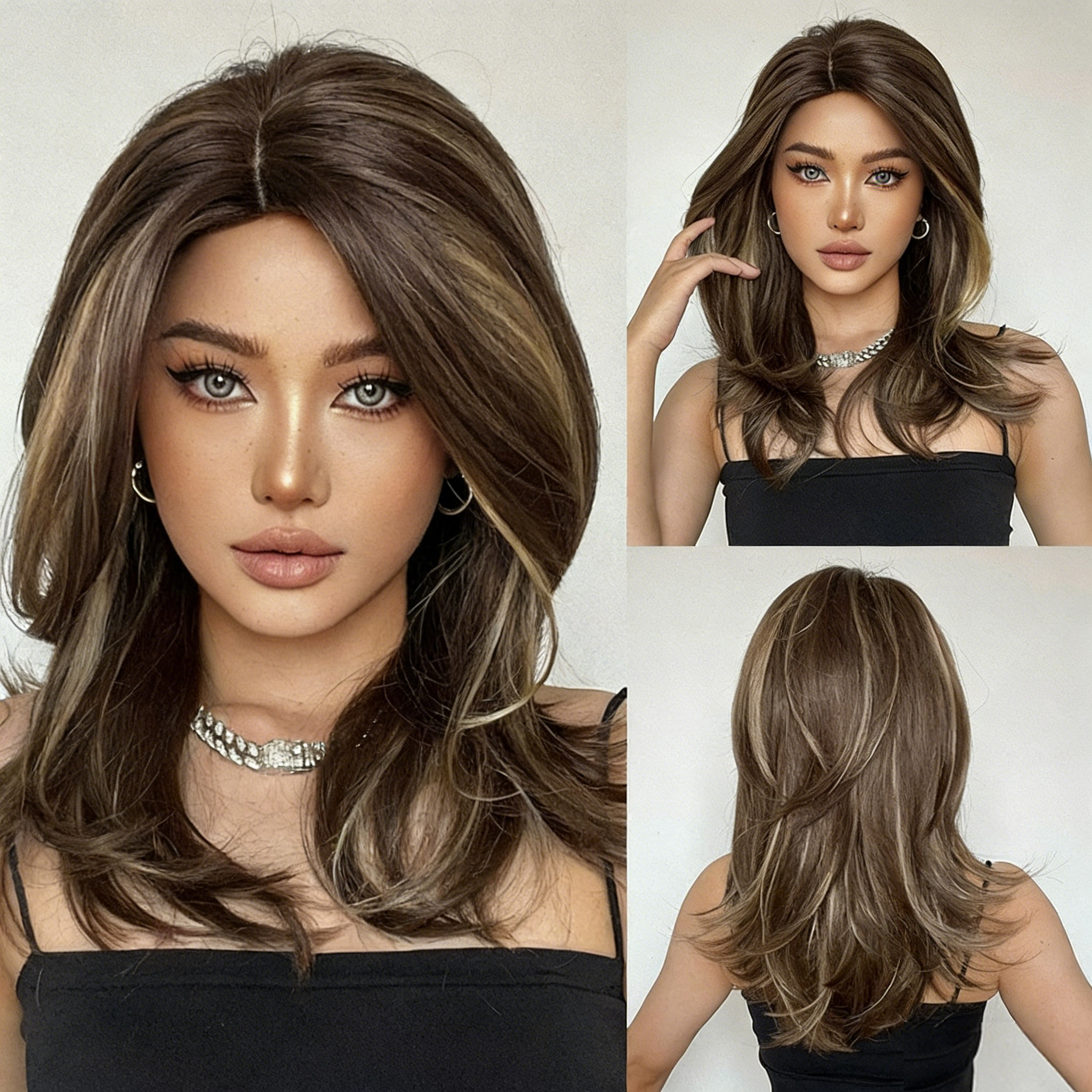 Gradient, slightly side-parted, outward-curling French bangs, medium-length wig, full head