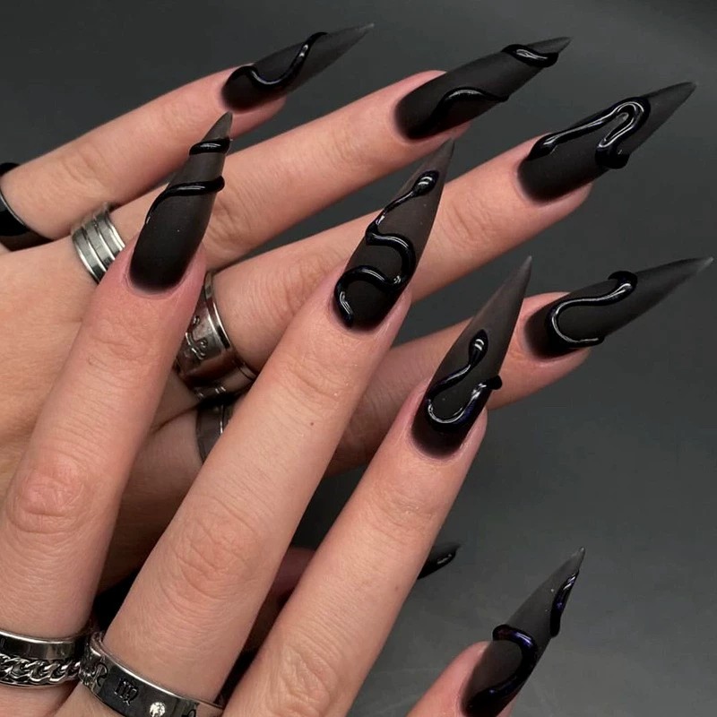 I&Ruh 3D Three-Dimensional Handmade Wearable Nails Dark Fake Nails Black Snake Matte Nail Art Wearable Nail Tips