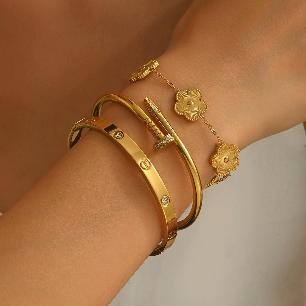 I&Ruh 3-piece Zircon Nail Bangle Set for Women - High-End Open Bangle Jewelry