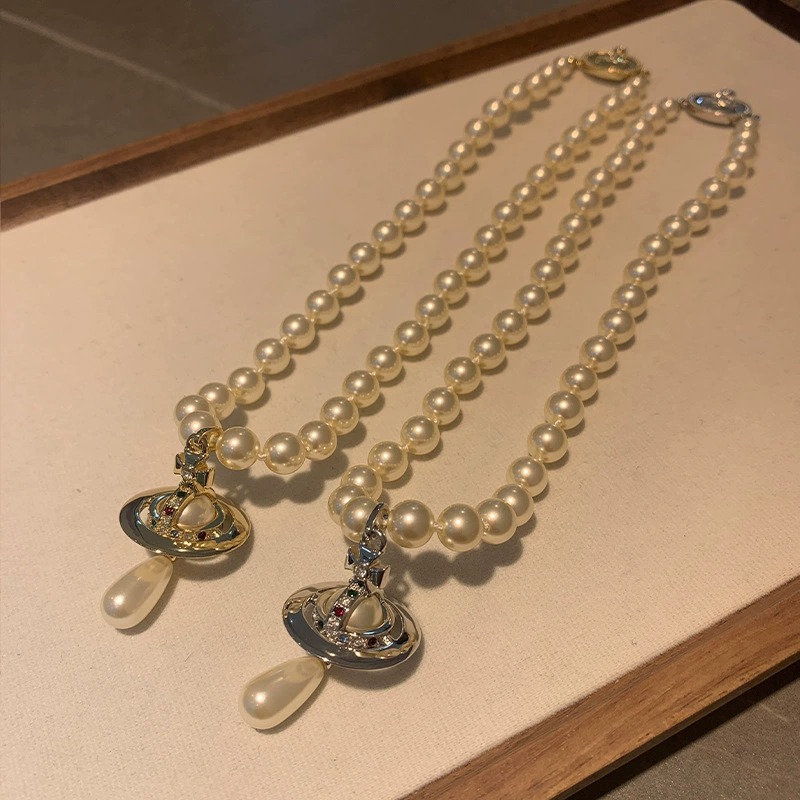 I&Ruh Classic 3D Saturn Water Drop Pearl Necklace for Women Sweater Chain