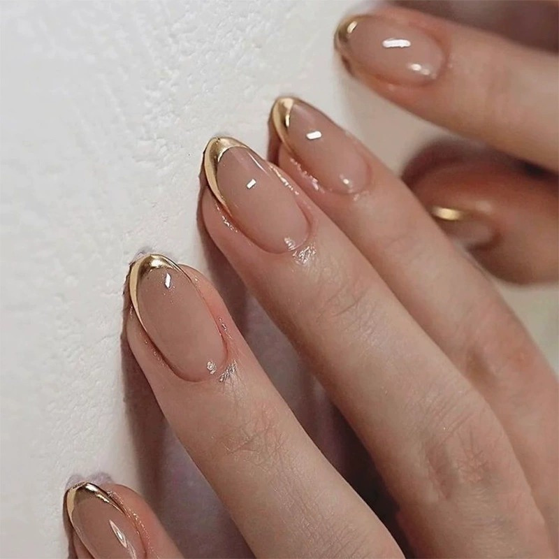 I&Ruh Wearable nude almond French simple gold press-on nails